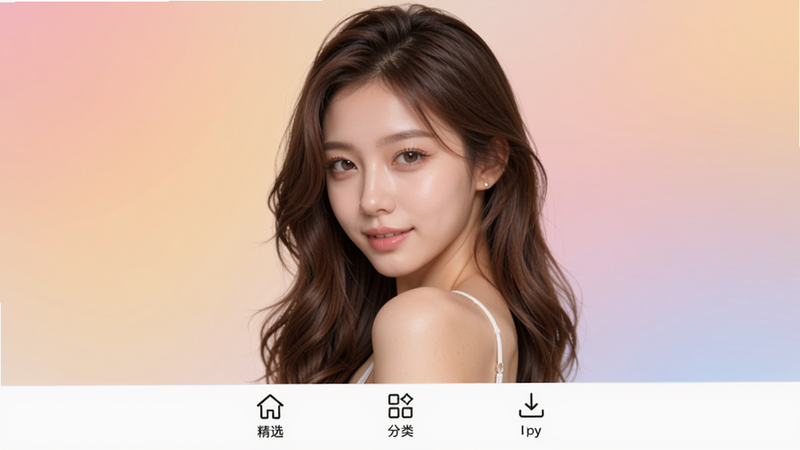 91看美女软件最新版的主界面截图,中央是一张高清美女写真,背景为柔和的渐变色,底部导航栏有精选、分类、下载等图标,整体设计简约时尚,色调温暖。