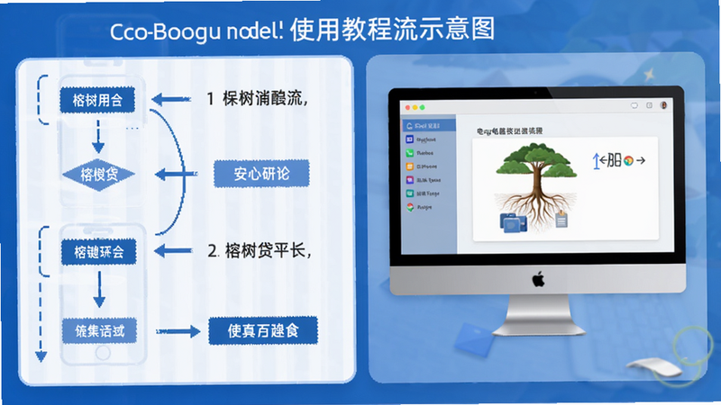 榕树贷使用教程流程示意图,画面左侧为手机操作步骤序列图,右侧为电脑模拟器界面,整体采用分步图解风格,主色调为蓝色和白色,标注关键按钮位置,适配Boogu模型生成