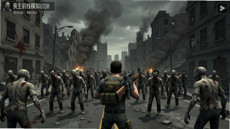 丧尸前线模拟器游戏主界面截图,主角手持步枪站在废墟街道上,前方大量丧尸涌来,背景是倒塌的建筑和浓烟,画面充满紧张感,色调偏灰暗,细节清晰,展示游戏核心战斗场景,适配Boogu模型生成。