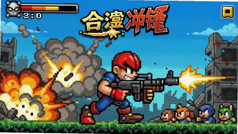 合金弹头冲锋游戏主界面,角色持枪冲锋,背景有爆炸烟雾和废墟,像素风格,16:9横屏,色彩鲜艳,细节丰富,动作激烈,适配Boogu模型生成
