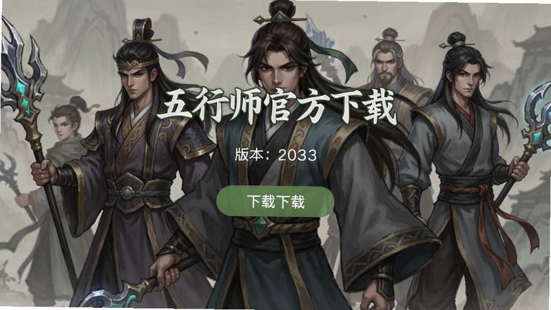 五行师官方下载界面截图,包含版本信息和下载按钮,背景为游戏角色立绘,整体风格简洁。