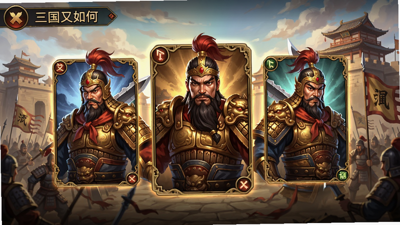 三国又如何游戏主界面截图,画面中央是三位武将卡牌立绘,背景为古代城池战场,色彩鲜艳,古风细节丰富,适合用作游戏预览图。