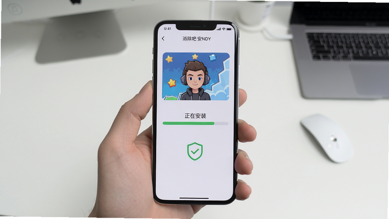 生图提示词:手机屏幕显示消除吧安迪游戏安装过程,界面显示“正在安装”进度条,背景为干净桌面,画面清晰展示安装步骤,强调安全可信,适配Boogu模型生成。