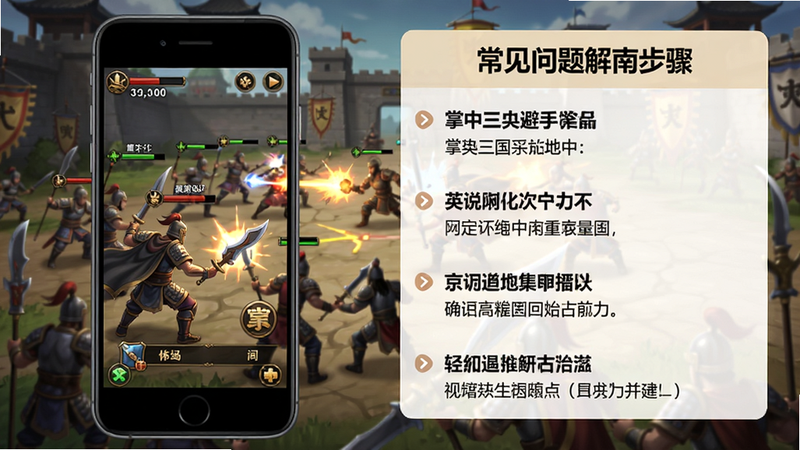 掌中三国新手避坑指南教程截图,画面左侧是手机模拟器界面,右侧列出常见问题解决步骤,背景为游戏战斗场景,整体采用简约清晰的信息图风格。