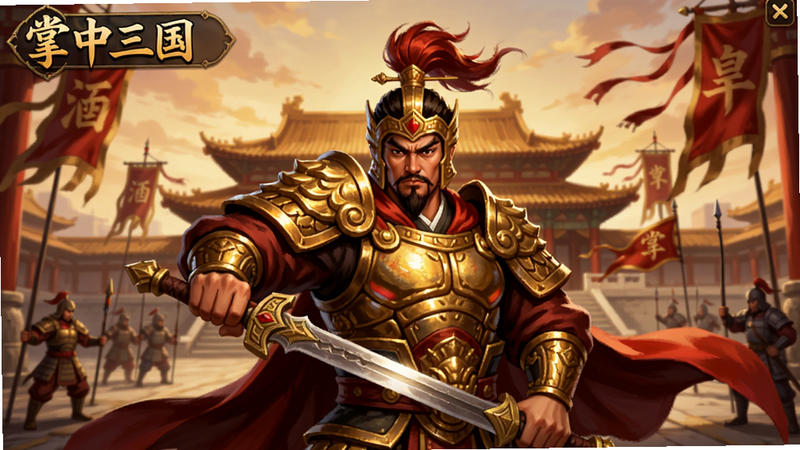 掌中三国游戏主界面预览,画面中央是一位身穿金甲的武将手持长剑,背景是宏伟的宫殿和飘扬的旗帜,整体色调以红金为主,充满史诗感,适配Boogu模型生成。