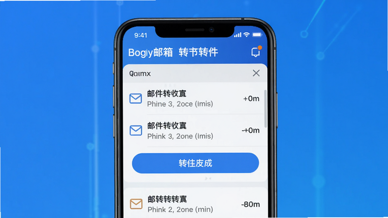 全能邮箱转发软件界面预览,手机屏幕显示收件箱列表和转发按钮,背景为蓝色渐变,简约科技风格,突出邮件转发功能