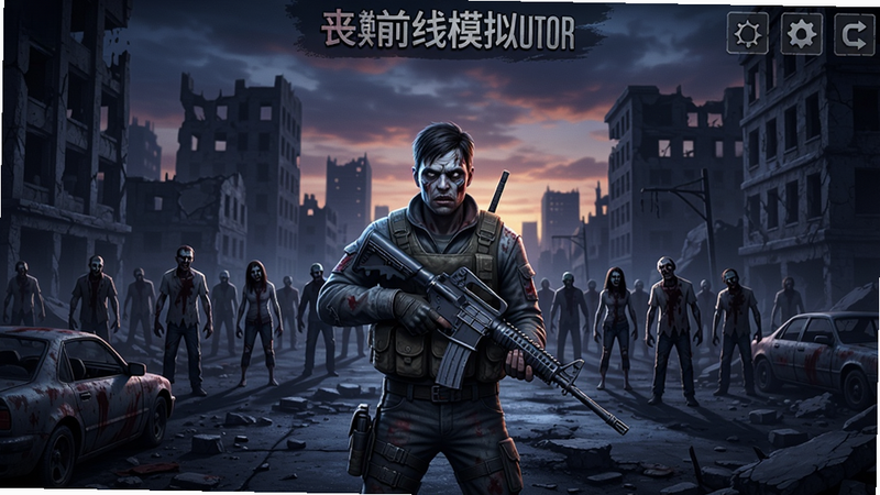 丧尸前线模拟器游戏主界面,主角手持步枪站在废墟城市中央,背景是黄昏天空和远处涌来的丧尸群,画面采用写实风格,色调偏冷,细节丰富,适配Boogu模型生成。