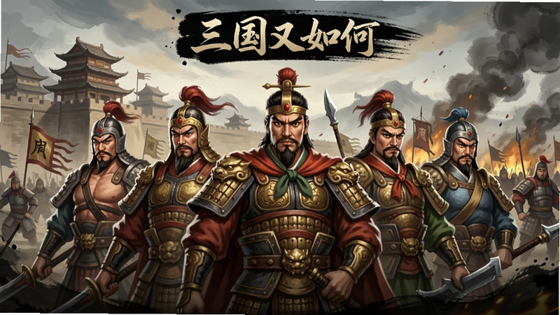 :《三国又如何》游戏主界面截图,画面中央为三国武将立绘阵列,背景是古风城池与战场硝烟,色彩鲜明层次丰富,武将服饰细节清晰,整体风格写实略带水墨晕染。
