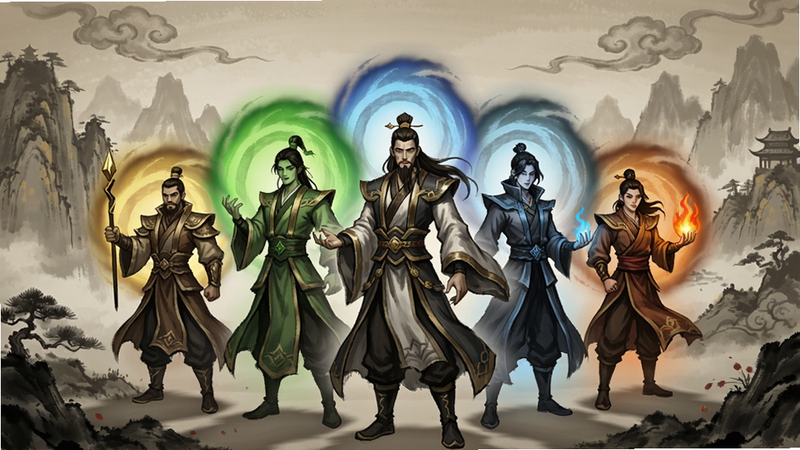 一幅中国水墨风格的游戏主界面预览图,画面中央站立着五行师五位主要角色,身后分别对应金木水火土五行光晕,背景为古风山水和祥云,画面整体色调偏暖,细节丰富,适合用作游戏宣传图。