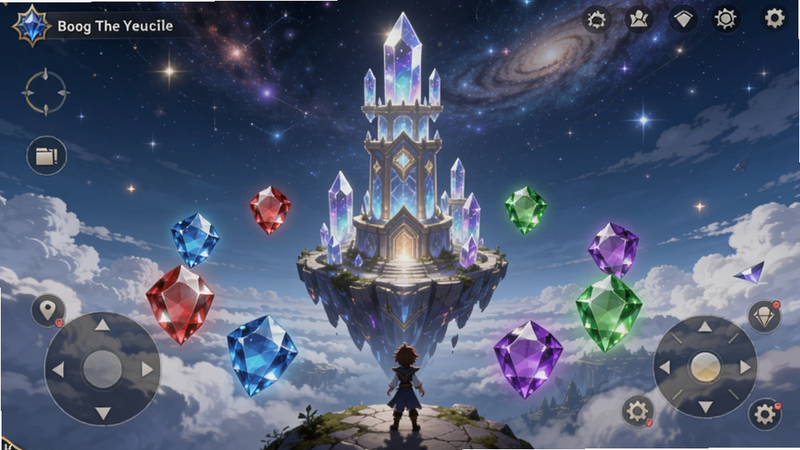 梦幻诸石官方版游戏主界面预览,画面中央是一座悬浮的水晶塔,周围环绕着红蓝绿紫各色宝石,背景是星空与云海,角色站在塔前,UI采用半透明设计,色彩饱和度高,整体风格奇幻宏大,适配Boogu模型生成。