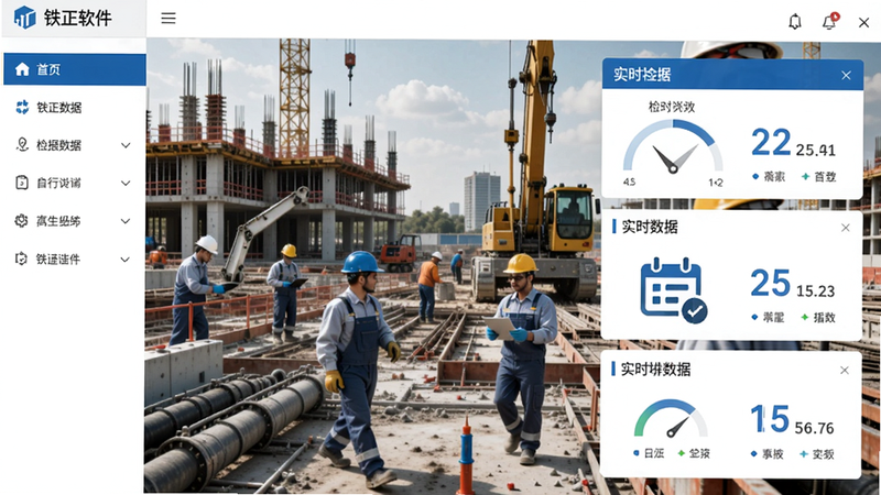 铁正软件主界面截图,显示检测数据仪表盘,背景为繁忙的工程现场,左侧有菜单栏,右侧显示实时传感器数值,整体风格现代简洁,色彩以蓝白为主,强调专业与高效。