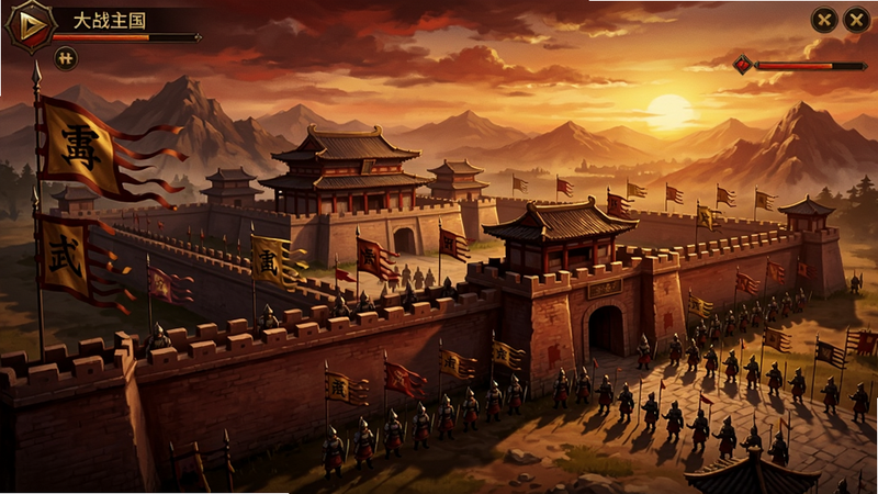 大战国游戏主界面截图,画面中央是一座宏伟的古代城池,城墙上插满战旗,士兵列队巡逻,远处是连绵的群山和夕阳,整体色调以暗红和金色为主,凸显战争氛围。请生成高清游戏截图。
