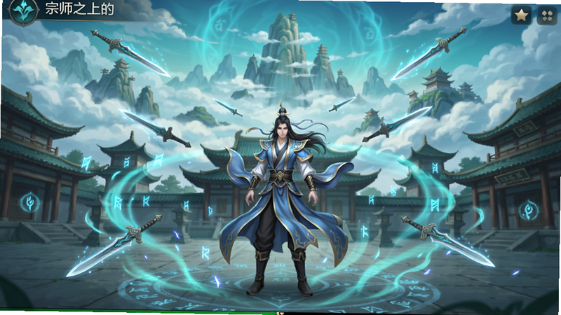 一款仙侠题材角色扮演手游宗师之上的主界面,画面上方有云海仙山,中间为角色站立在宗门广场,周围有飞剑和灵气特效,背景是古风建筑和天空,整体色调青蓝,充满玄幻氛围,细节包括飘动的衣袂和闪烁的符文。