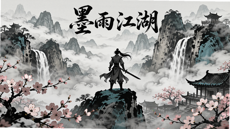 一幅水墨风格的江湖全景图,画面中央是主角持剑站在山巅,背景是云雾缭绕的远山和瀑布,近处有桃花林和古建筑,整体色调以黑、白、青为主,细节丰富,意境悠远。画面需突出“墨雨江湖”的主题,符合Boogu模型生成要求,图片比例16:9。