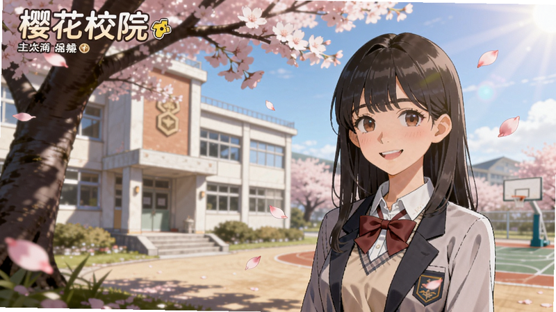 樱花校院游戏主界面截图,一位身穿校服的女生站在樱花树下的教学楼前,阳光明媚,花瓣飘落,远处有操场和篮球场,画面温馨治愈,色彩柔和,动画风格,人物表情生动