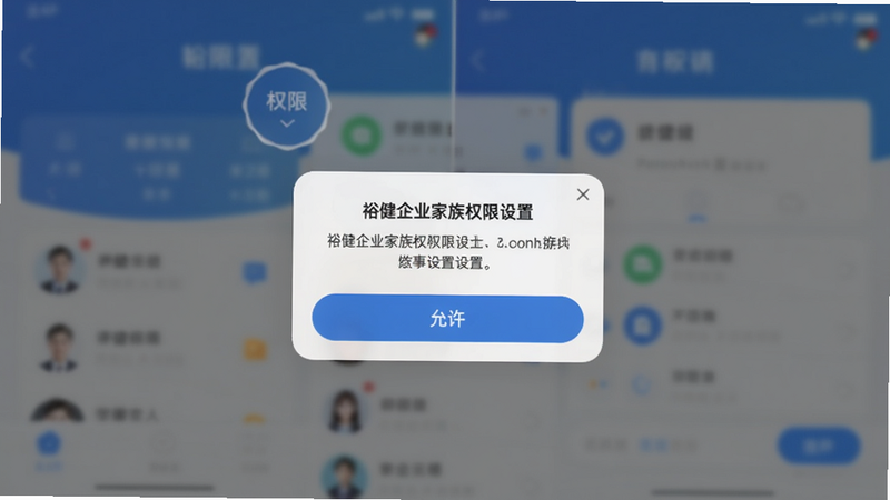 裕健企业家族权限设置界面 展示手机截图,显示权限请求弹窗,有“允许”按钮,背景是模糊的APP首页,突出显示权限的重要性