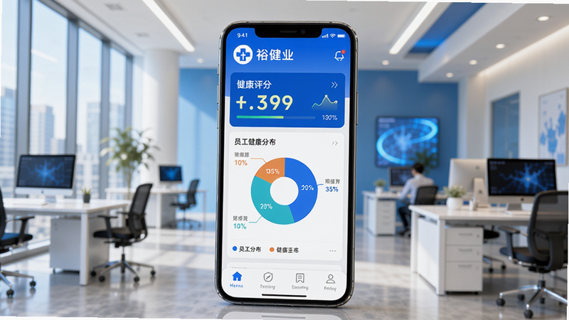 裕健企业家族主界面展示 画面中心是一个竖屏智能手机,屏幕显示APP首页,顶部有企业logo和健康评分,中部有员工健康分布饼图,底部有菜单栏,背景为现代化办公室,光线明亮,色调以蓝色和白色为主,整体风格科技感且温馨