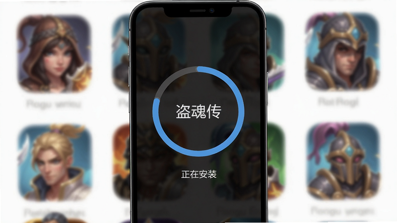 盗魂传安装界面截图,手机屏幕上显示圆形进度条,下方有“正在安装”字样,背景为模糊的游戏图标,整体简洁清晰,适配Boogu模型