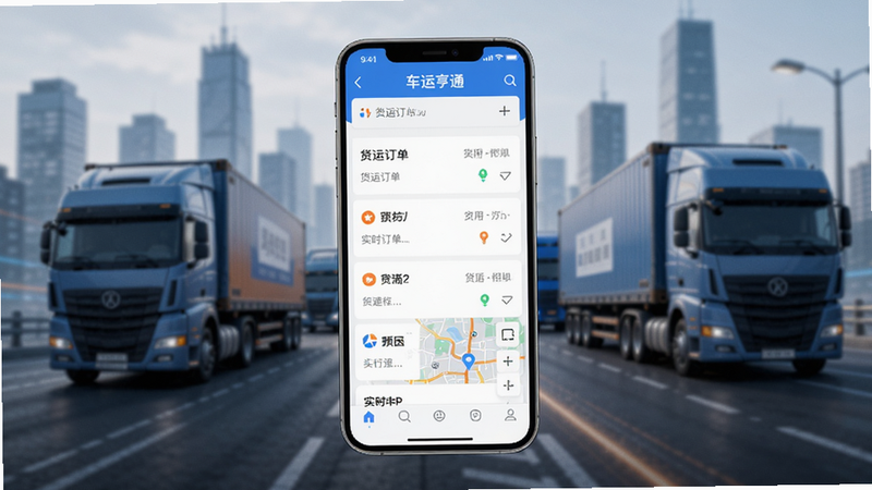 一张展示车运亨通APP主界面的截图,画面中央是手机屏幕,显示货运订单列表和实时地图,背景为模糊的城市道路和货车剪影,整体色调蓝色和橙色搭配,突出物流运输的科技感与效率感,符合Boogu模型生成要求。