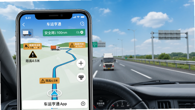 一张展示车运亨通APP导航界面的效果图,画面中手机屏幕显示货车导航路线,带有“限高4.5米”等警示图标,背景为高速公路和蓝天白云,整体明亮清晰,强调安全驾驶和智能规避功能。
