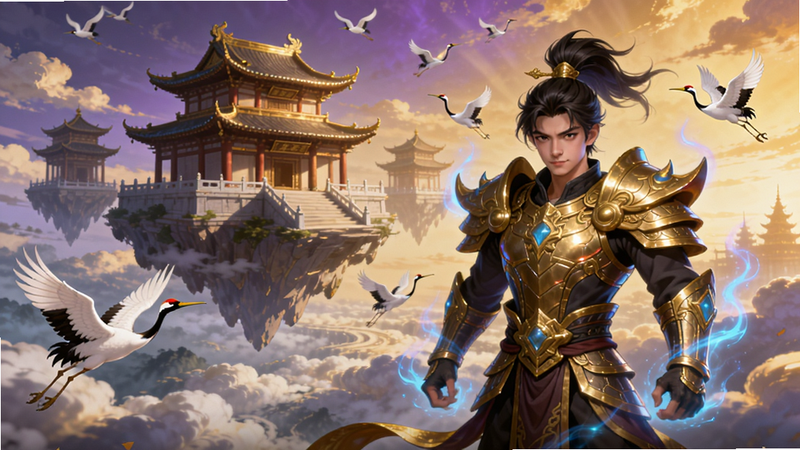 小小武神游戏主界面展示:一位身穿金色战甲的主角站在云端,身后悬浮着巨大的仙宫楼阁,脚下云海翻涌,远方有仙鹤飞舞。画面整体使用暖色调,光影效果细腻,角色周围环绕着蓝色灵力光晕,背景天空呈现紫霞与金色光芒交织。适合用作游戏宣传图,展现宏大仙侠世界观。
