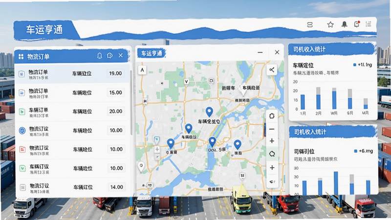 车运亨通软件主界面截图,展示物流订单列表、车辆定位地图和司机收入统计面板,整体采用蓝白配色,界面简洁清晰,背景为城市物流枢纽场景