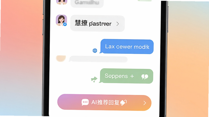 慧撩app的主界面预览图,手机屏幕上显示一个聊天对话窗口,底部有AI推荐回复按钮,背景是柔和的渐变色,整体风格现代简约,突出智能辅助功能。
