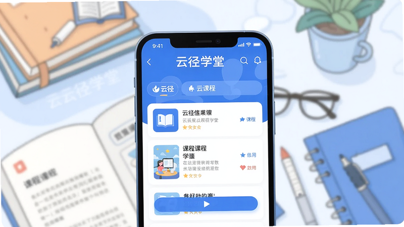 一幅现代简约风格的教育App预览图,前景是一台手机屏幕显示云径学堂主界面,背景是柔和的书本和文具元素,整体色调以蓝白为主,突出学习氛围。请生成清晰、明亮的扁平化插画风格图片,画面主体为手机界面,包含云径学堂Logo、课程列表和播放按钮,背景虚化处理。