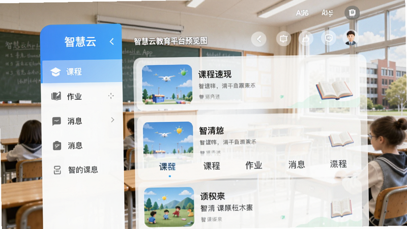 智慧云教育平台预览图 - 智慧云App界面,左侧导航栏包含课程、作业、消息等,右侧为课程列表,背景为教室或校园场景,色彩清新明亮,突出教育主题。
