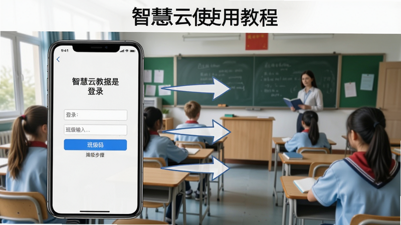 智慧云使用教程截图 - 手机界面显示登录页面和班级码输入框,背景为学校教室,有学生和老师,操作步骤示意箭头指示,画面清晰易懂。
