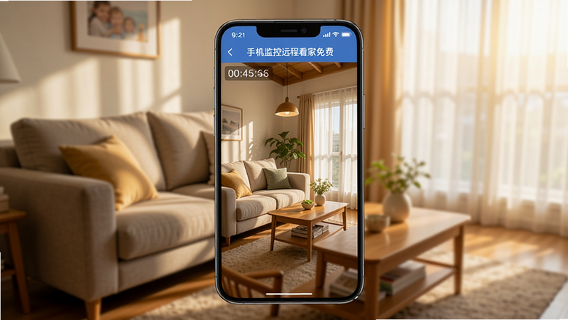 一部智能手机屏幕显示家庭客厅实时监控画面,画面中有清晰的时间水印,手机界面顶部显示“手机监控远程看家免费”应用名称,背景是温馨的客厅沙发和茶几,阳光透过窗帘洒入,整体色调明亮温暖,主体手机居中,背景虚化,适配Boogu模型生成