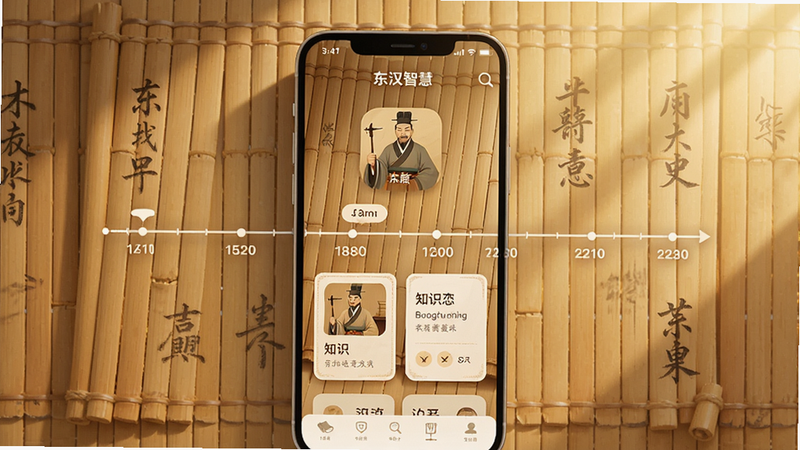 东汉智慧 app 主界面,屏幕上展示东汉历史时间轴与知识卡片,背景为古风竹简纹理,明亮柔和的光线,主体居中,整体风格简约雅致,适配Boogu模型生成。