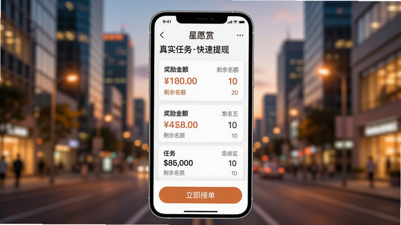 星愿赏APP主界面,手机屏幕正中央显示任务列表,背景虚化为现代都市傍晚街景,暖色调灯光,任务卡片上清晰标有“奖励金额”和“剩余名额”,手机下方有“立即接单”按钮,整体画面高清、明亮,UI简洁现代,突出“真实任务快速提现”主题