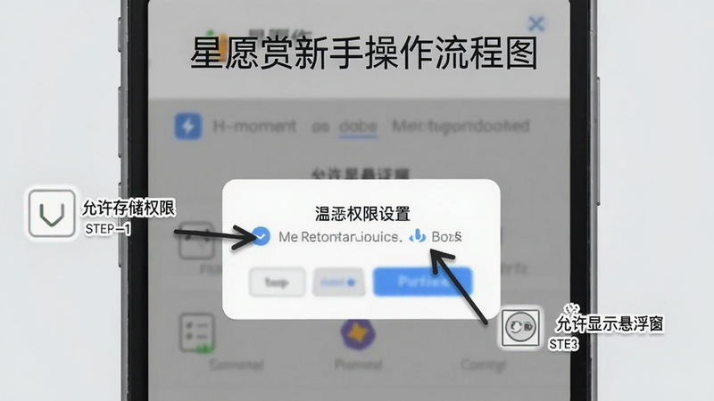 星愿赏新手操作流程图,手机屏幕显示权限设置弹窗,箭头指向“允许存储权限”和“允许显示悬浮窗”,背景为浅灰色,文字清晰,步骤示意简单明了,画面干净