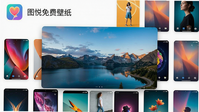 一张智能手机屏幕展示图悦免费壁纸应用界面,背景是丰富多彩的壁纸缩略图网格,左上角有应用图标和名称图悦免费壁纸,整体风格清新简约,色彩明亮,画面中心是一张高清风景壁纸预览,展示应用的核心功能