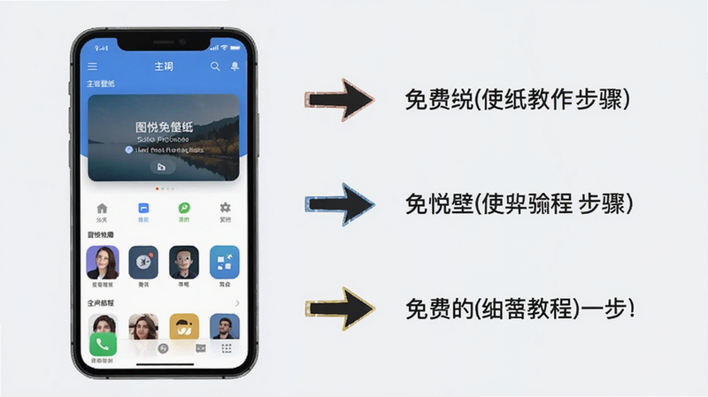 图悦免费壁纸使用教程界面截图,左侧显示手机应用主界面,右侧标注操作步骤箭头,背景为浅色,风格简洁明了