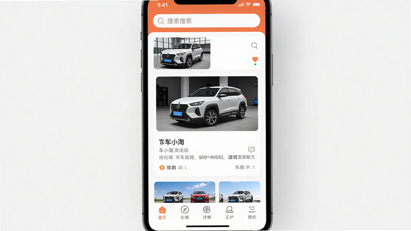 一张手机屏幕截图,显示车小淘APP的主界面,顶部有搜索栏,中部有车辆列表,底部导航栏图标,背景为简约白色,画面中心聚焦于一个车辆详情卡片,光线明亮,风格扁平化,适合应用商店展示。