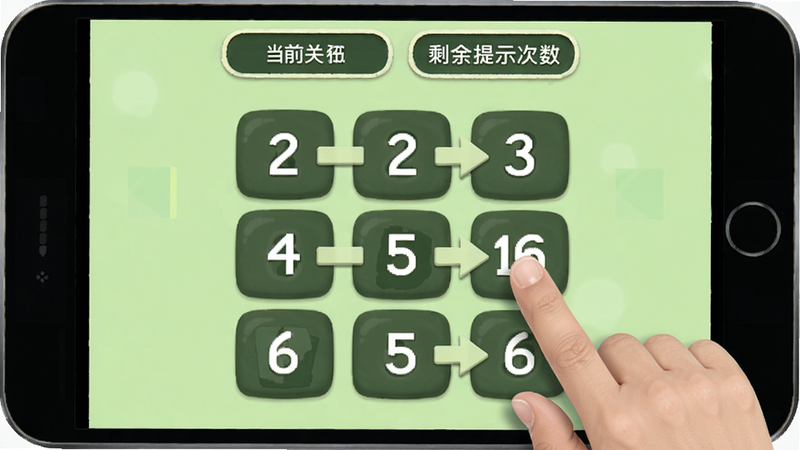 游戏操作界面:手指点击数字盘上的数字,按照箭头指示顺序输入密码。屏幕上方显示当前关卡和剩余提示次数。背景为浅绿色,柔和护眼。