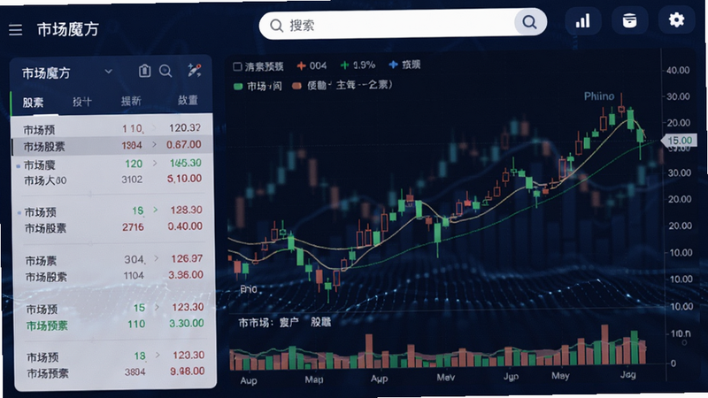 市场魔方主界面预览,左侧显示股票列表,右侧为K线图,背景为深蓝色金融风格,整体布局清晰,上方有搜索栏和功能图标,适配Boogu模型生成。
