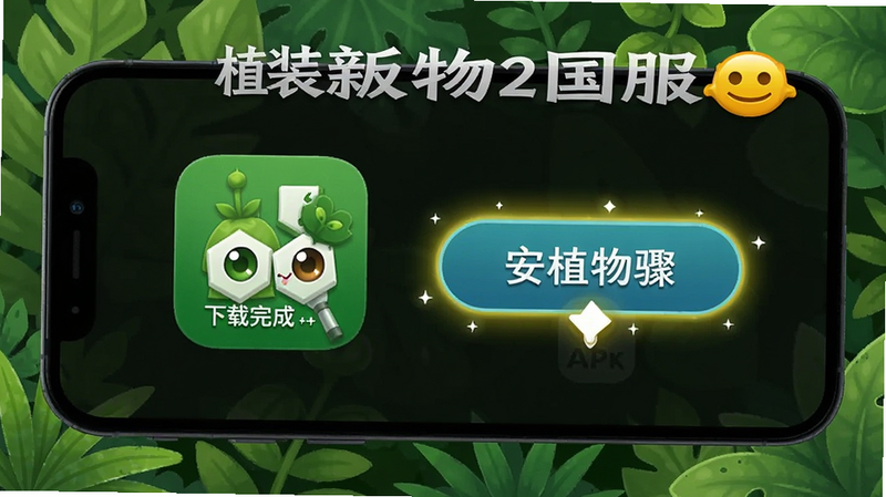 植物2国服【最新版国服超级破解全神器全植物】 安装步骤说明图,手机屏幕显示下载完成后的APK图标,点击安装按钮高亮,背景有绿色植物装饰,整体简洁清晰。