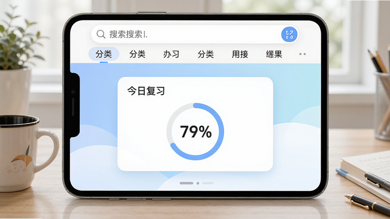 续肯优记具主界面展示,顶部为搜索栏与分类标签,中部是一张正在复习的记忆卡片,卡片上显示“今日复习”字样和进度圆环,背景为柔和的蓝白渐变色,整体风格简洁明亮,突出软件的学习管理功能