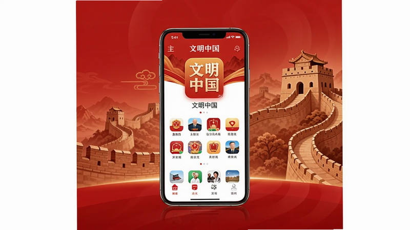 文明中国APP官方客户端预览图,画面中央展示手机屏幕上的应用主界面,背景为红色渐变与长城图案,整体风格庄重典雅,适配Boogu模型生成
