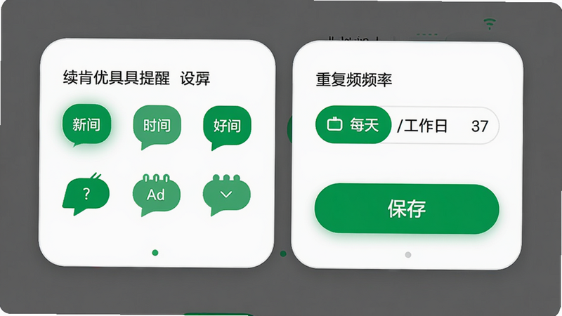 续肯优记具的提醒设置界面,左侧是时间选择器,右侧有重复频率选项(每天/工作日),底部是“保存”按钮,整体界面采用圆角卡片设计,背景为白色,突出绿色主题色按钮