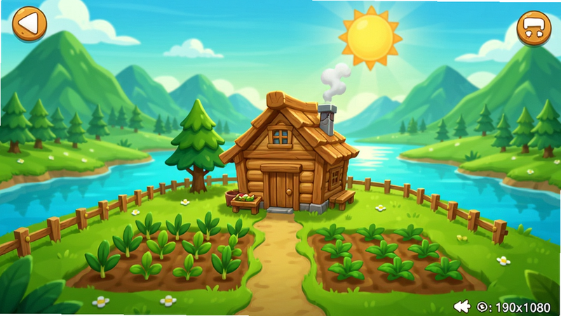 小小山谷游戏主界面截图,画面中央是一座小木屋和一片农田,背景是青山绿水,阳光明媚,卡通风格,色彩鲜艳,分辨率1920x1080,适合作为游戏预览图。