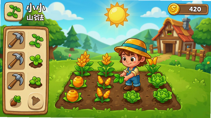 小小山谷游戏玩法截图,展示玩家正在种植作物,界面显示工具栏和金币数量,卡通风格,明亮色调。
