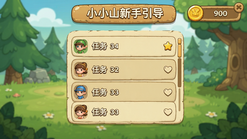 小小山谷新手引导界面截图,展示任务列表和金币数量,卡通风格,界面简洁。