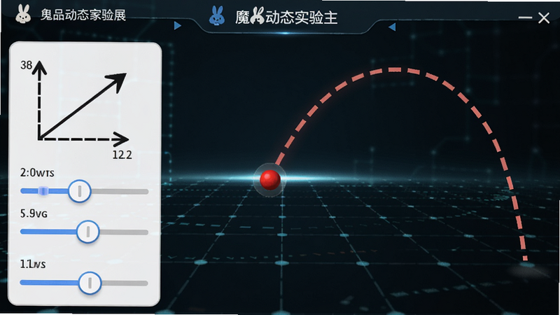 魔兔动态实验主界面展示,背景为深色科技感网格,中央悬浮一个红色小球正在做斜抛运动,轨迹用虚线标出,左侧有速度矢量箭头和参数调节滑块,整体画面干净明亮,适配Boogu模型生成。