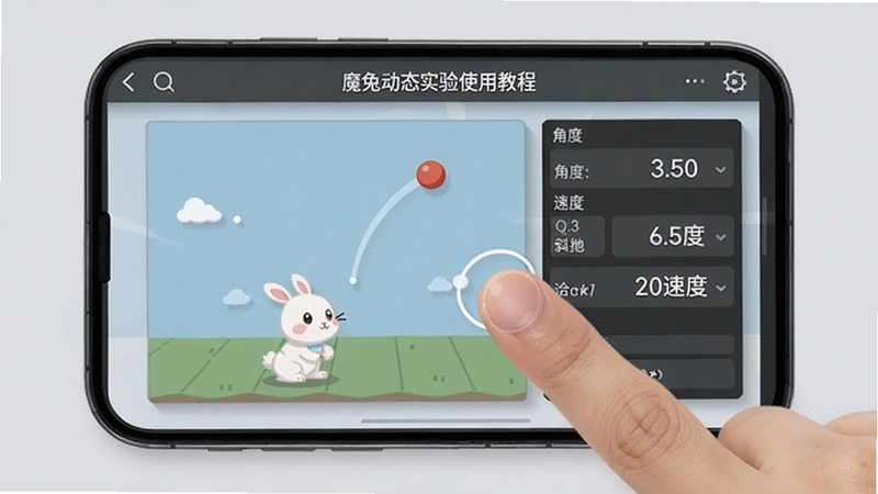 魔兔动态实验使用教程截图,手机屏幕显示斜抛运动界面,手指正在拖动小球,参数面板中角度、速度数值清晰可见,背景为浅灰色,画面风格简洁现代。