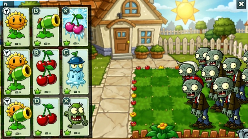 游戏主界面截图,展示植物大战僵尸杂交重制版(PC电脑版)的庭院战场,左侧排列着向日葵加农炮、寒冰樱桃等杂交植物卡片,右侧僵尸大军从草坪涌来,背景是阳光明媚的房屋前院,画面风格明亮卡通,细节丰富,适合Boogu模型生成。