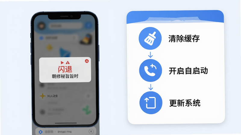 新手使用朝修秘旨时遇到的常见问题解决示意图,画面左侧显示手机屏幕弹出“闪退”提示,右侧列出“清除缓存”、“开启自启动”、“更新系统”三个步骤图标,背景为简洁的操作指引卡片,风格扁平化,颜色以蓝色和白色为主,适配Boogu模型生成